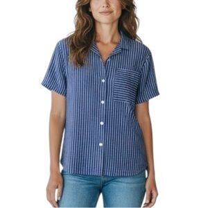 Old Navy ONLY Essential Wove Cotton Navy Blue Striped Button Down Blouse Top XL